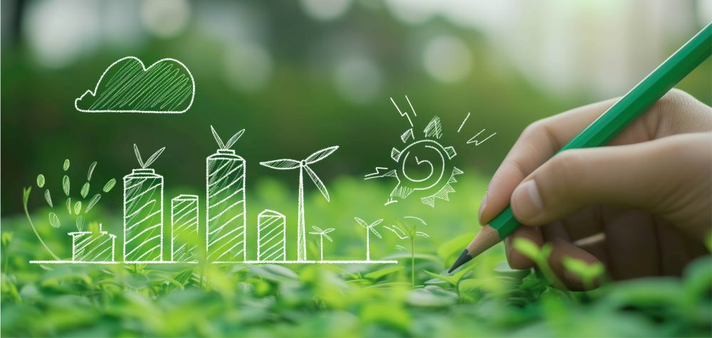 Des énergies renouvelables sont dessinées en blanc sur un fond nature et vert