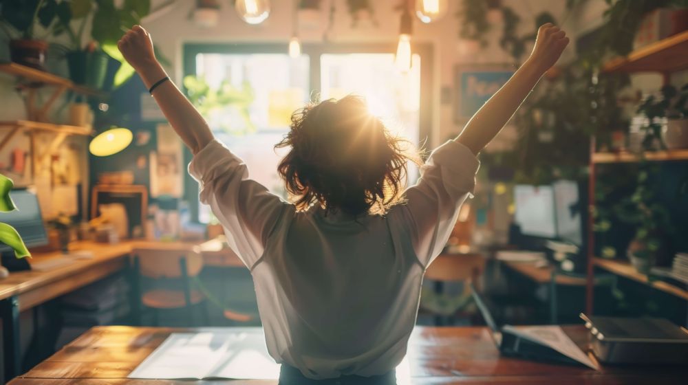Femme de dos, contentec ayant les bras en l'air